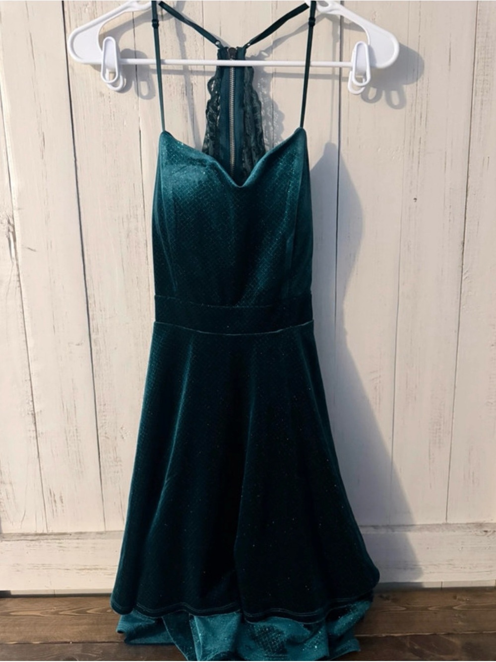 Honey and Rosie Teal Velvet Spaghetti-Strap Dress with Lace Back